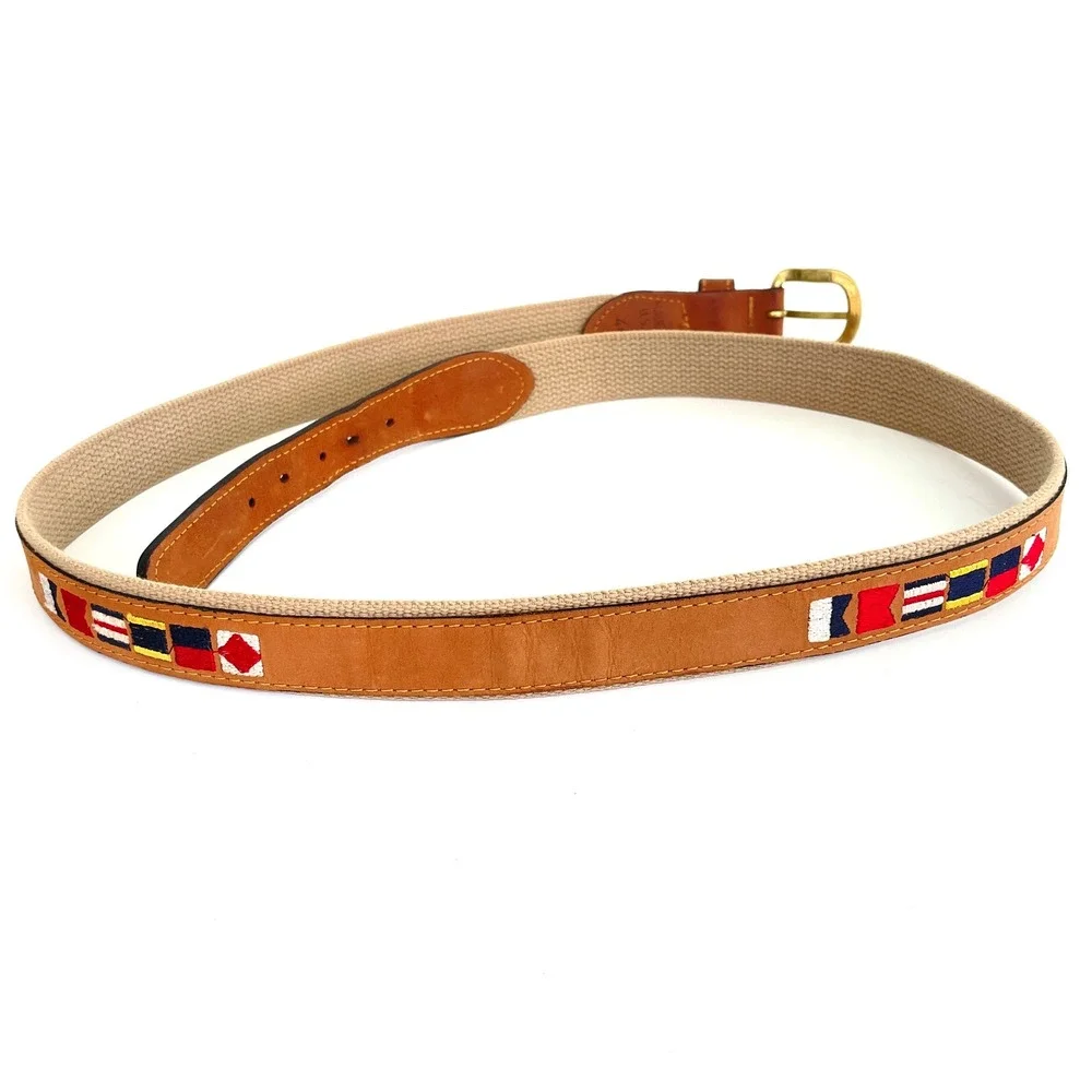 Zep-Pro Mens Nautical Signal Flag Leather Canvas Belt Brown Tan Size 46 USA Made
